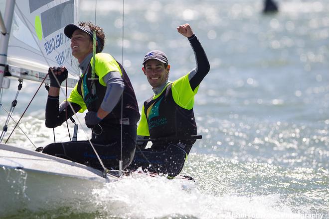 Mathew Belcher and Will Ryan after crossing the 470 Worlds finish line © Thom Touw http://www.thomtouw.com